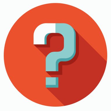 Uzun gölgeli kırmızı bir çemberde soru işaretini gösteren bir çizim. Bu sembol, elektrik mavisi ve morumsu renkler içeren bir logo veya marka resmi olarak kullanılabilir.