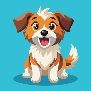 Çizgi filmde, mavi bir zeminde oturan kahverengi ve beyaz bir köpeğin tasviri var, neşeli ve rahat bir duruşta tipik bir evcil köpek tasviri.