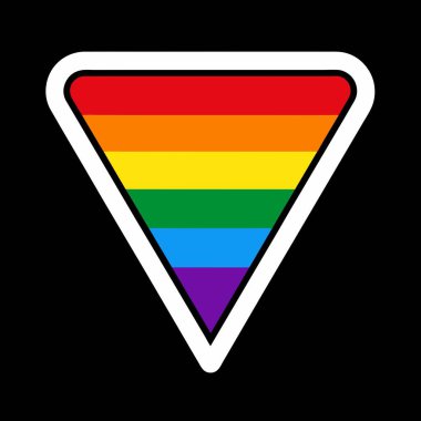 Beyaz kenarı olan gökkuşağı renkli bir üçgen siyah bir arkaplan karşısında duruyor.