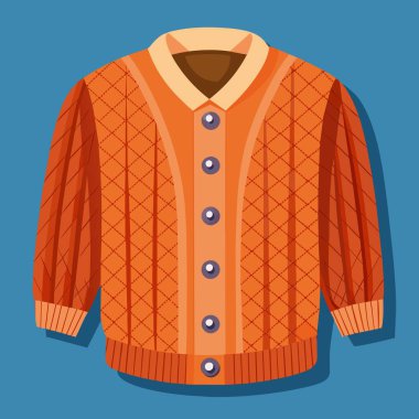 Turuncu kazağın düğmeleri var ve mavi bir arka plana ayarlı. Rahat ve stili birleştiren şık bir dış giysi.