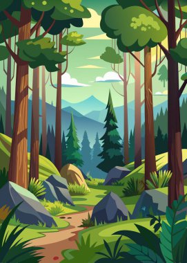 Çizgi filmde arkaplanda dağlar, canlı renkler ve dokular, ağaçların, çimenlerin ve renkli gölgelerin sanatsal kullanımının vurgulandığı bir orman yer alıyor.