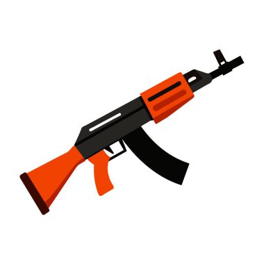 Düz dizayn edilmiş, ahşap ve metal bileşenlerinin yer aldığı bir AK47 saldırı tüfeğinin ayrıntılı vektör çizimi