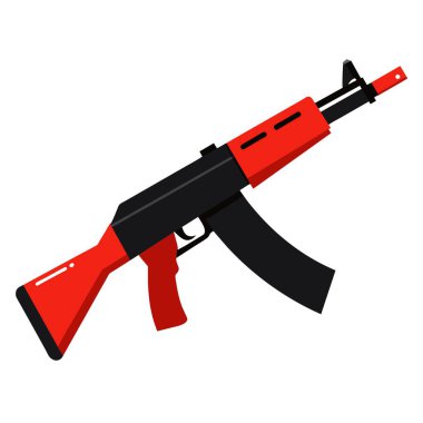 Düz dizayn edilmiş, ahşap ve metal bileşenlerinin yer aldığı bir AK47 saldırı tüfeğinin ayrıntılı vektör çizimi