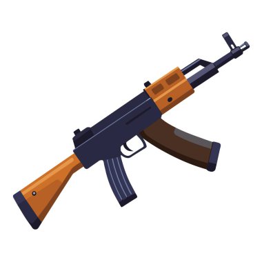Düz dizayn edilmiş, ahşap ve metal bileşenlerinin yer aldığı bir AK47 saldırı tüfeğinin ayrıntılı vektör çizimi