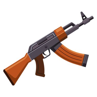 Düz dizayn edilmiş, ahşap ve metal bileşenlerinin yer aldığı bir AK47 saldırı tüfeğinin ayrıntılı vektör çizimi