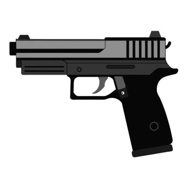 Beyaz zemin üzerinde siyah ve gümüş bir tabanca hava tabancası, tetik, silah namlusu, tabanca, tabanca, eğlence, metal, başlama tabancası, hava yumuşak silah ve pratik atış gibi temaları sembolize eder.