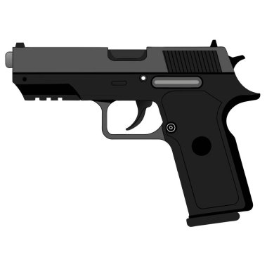 Beyaz zemin üzerinde siyah ve gümüş bir tabanca hava tabancası, tetik, silah namlusu, tabanca, tabanca, eğlence, metal, başlama tabancası, hava yumuşak silah ve pratik atış gibi temaları sembolize eder.