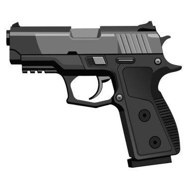 Beyaz zemin üzerinde siyah ve gümüş bir tabanca hava tabancası, tetik, silah namlusu, tabanca, tabanca, eğlence, metal, başlama tabancası, hava yumuşak silah ve pratik atış gibi temaları sembolize eder.