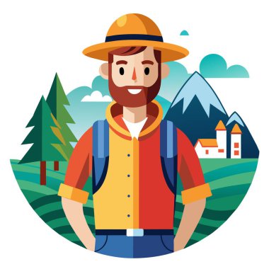 Arkasında dağlar olan bir tarlada sırt çantası olan bir adam ayakta duruyor. Anahtar sözcükler Yüz ifadesi, Gülümse, Mutlu, Şapka, Jest, Ağaç, Eğlence, Sanat, Doğadaki İnsanlar, Yazı Tipi