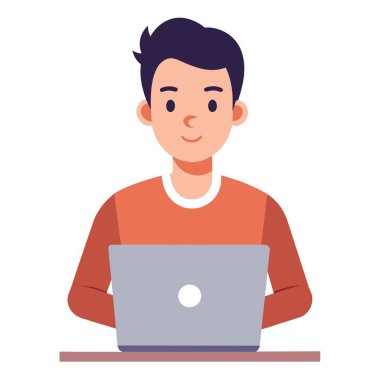 Sakallı bir adam çalışmak ya da internette gezinmek için dizüstü bilgisayar kullanırken oturup gülümsüyor.