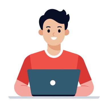 Sakallı bir adam çalışmak ya da internette gezinmek için dizüstü bilgisayar kullanırken oturup gülümsüyor.