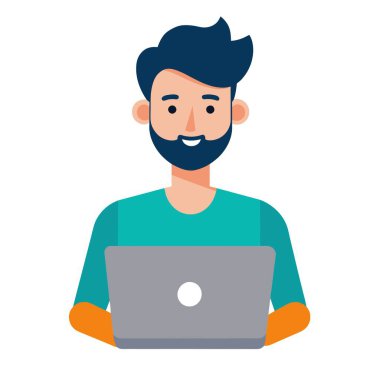 Sakallı bir adam çalışmak ya da internette gezinmek için dizüstü bilgisayar kullanırken oturup gülümsüyor.