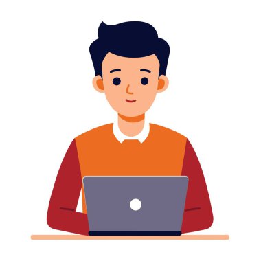 Sakallı bir adam çalışmak ya da internette gezinmek için dizüstü bilgisayar kullanırken oturup gülümsüyor.