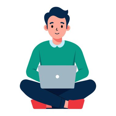 Sakallı bir adam çalışmak ya da internette gezinmek için dizüstü bilgisayar kullanırken oturup gülümsüyor.