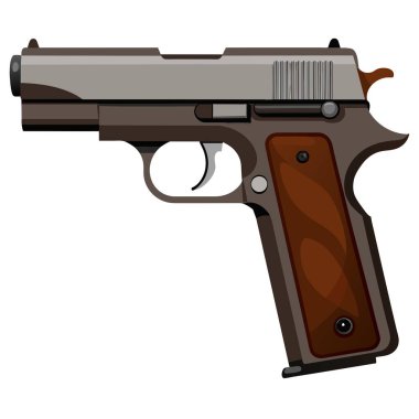 Beyaz arka planda kahverengi saplı bir tabancanın ayrıntılı vektör illüstrasyonunun yakın plan görüntüsü.