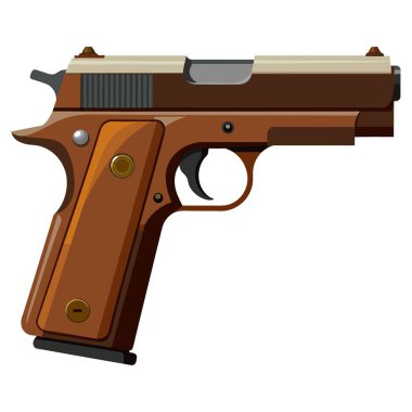 Beyaz arka planda kahverengi saplı bir tabancanın ayrıntılı vektör illüstrasyonunun yakın plan görüntüsü.