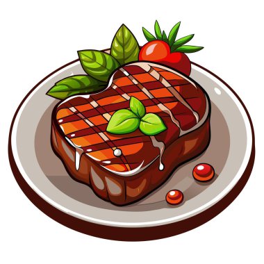 Sunumunu geliştirmek için bir tabakta ustalıkla hazırlanmış otlar ve domateslerden oluşan ızgara bir biftek.