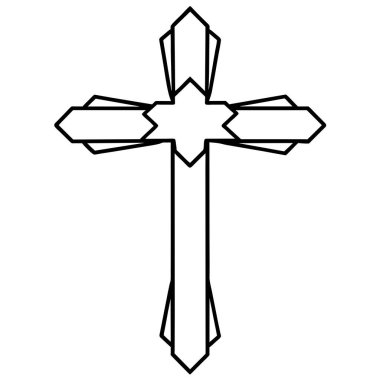 Bir haçın siyah ve beyaz çizimi, sanatta sembolizm ve simetriyi gösteren düz beyaz bir arkaplanda tasvir edilir.