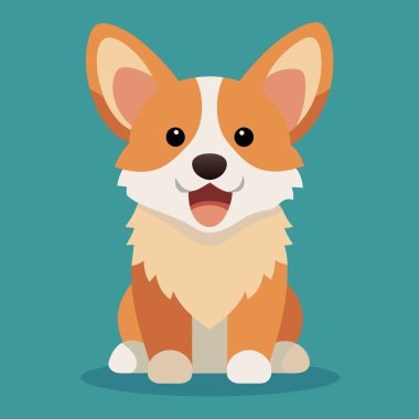 Kahverengi ve beyaz bir corgi köpeği mutlu bir şekilde canlı mavi bir arkaplanda oturuyor ve yüzünde içerik bir ifade var.