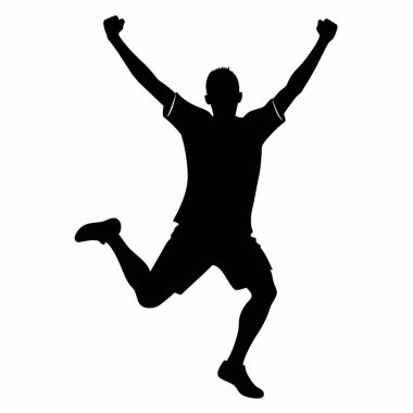 Silüet içinde kolları havada zıplayan, kutlama ve zaferin dinamik sembolü olan mutlu bir adam hayal et.