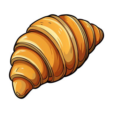 Beyaz arka planda bir kruvasanın karikatür çizimi, yemekleri, pişmiş yiyecekleri, mutfağı, sanatı ve daha fazlasını tasvir ediyor. Anahtar sözcükler arasında ahşap, tabak, fast food, moda aksesuarı, kalıp ve metal yer alıyor.