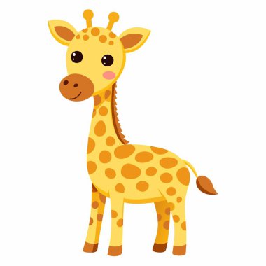 Sarı ve kahverengi renkli sevimli zürafa çizimi, çocuk medyası ve eğitim içeriği için mükemmel..