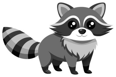 Gri tonlu neşeli bir rakunun şirin ve dostane karakteristik özellikleriyle detaylı vektör çizimi.