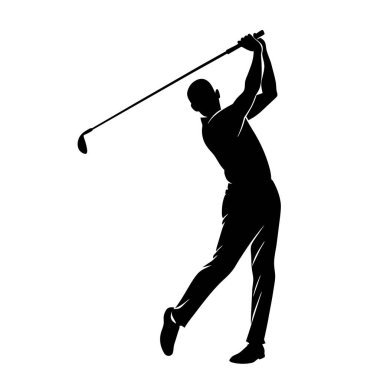 Beyaz arka planda, bir bireyin silueti golf sopası sallarken görülüyor. Görüntü, insan vücudu, jest, golf ekipmanı ve dinlenme gibi çeşitli elementleri yakalar.