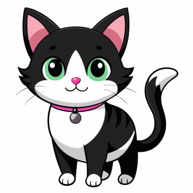 Bu sevimli bir siyah beyaz çizgi film kedisi, büyüleyici bir yüz ifadesi, pembe kulakları ve sevimli bir görünüşü var.