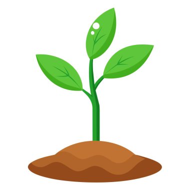 Kahverengi toprakta yetişen yapraklarla büyüyen yeşil bir bitki tasviri büyümeyi ve doğayı temsil ediyor..