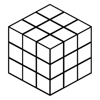 Simetri, mekanik bulmaca, eğitim oyuncağı ve tasarım gibi elementlerin yer aldığı beyaz zemin üzerindeki siyah ve beyaz Rubiks küpünün bir çizimi