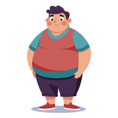 Bir çizgi film karakteri, sıradan giyinmiş şişman bir adam renkli, parlak bir resimde neşeli bir şekilde durur.