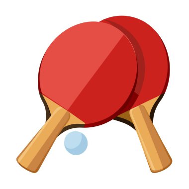 Masa tenisi tutkunları veya eğlence amaçlı oyunlar için uygun beyaz arka planda sergilenen ahşap saplı bir çift kırmızı masa tenisi raketi.