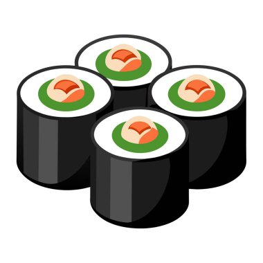 Sade beyaz bir yüzey üzerinde somon ve salatalık dolu dört suşi rulosu sunulacak.