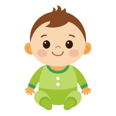Yeşil elbiseli neşeli bir bebek, oturmuş ve mutlu bir şekilde gülümsüyor. Bebeklerin mutluluğu, çevreleriyle neşe içinde meşgul oldukları ve neşe saçtıkları belli.