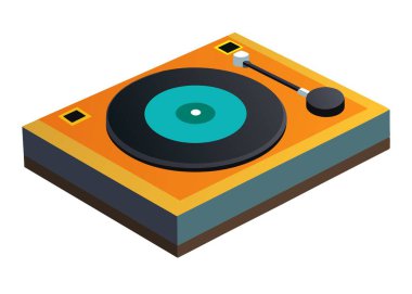 İzometrik bir illüstrasyon, retro estetik ve müzikal temalı, üzerinde vinil plak olan bir pikabı tasvir eder.