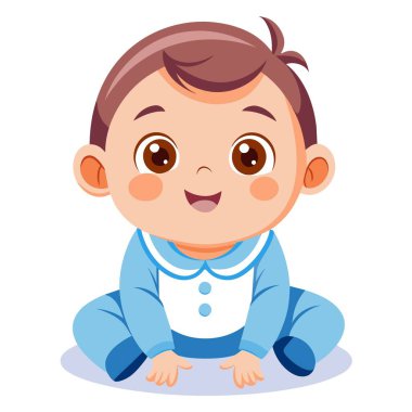 Mavi elbiseli küçük bir çocuk beyaz bir yüzeyde oturuyor, mutlu görünüyor. Anahtar sözcükler baş, vücut, gülümseme, kol, mutluluk, jest, çizgi film, parmak, başparmak, bebek