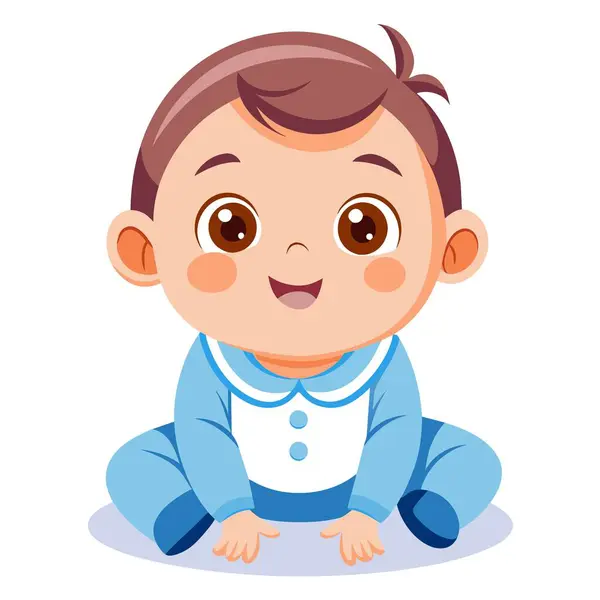 Mavi elbiseli küçük bir çocuk beyaz bir yüzeyde oturuyor, mutlu görünüyor. Anahtar sözcükler baş, vücut, gülümseme, kol, mutluluk, jest, çizgi film, parmak, başparmak, bebek