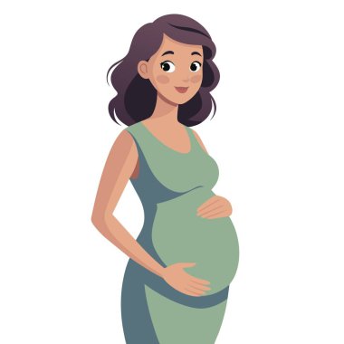 Görüntü, yeşil bir elbise giymiş ve karnını tutan hamile bir kadını gösteriyor. Uzun saçlarıyla zarifçe ayakta duruyor.