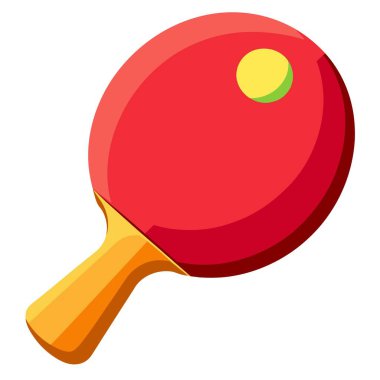 Masanın üzerinde kırmızı bir masa tenisi raketi yatar ve üzerinde sarı bir top dinlenir. Masa tenisi oyunu için renkli bir sahne yaratır.