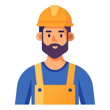 Sakallı adam, tulum ve şapka giymiş, iş kıyafetini sergiliyor.