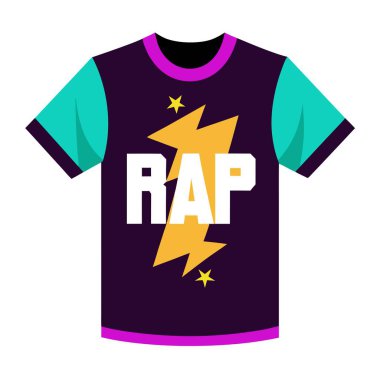 Tişörtte rap kelimesi ve bebekler ve bebekler için uygun bir yıldırım tasarımı yer alıyor. Parlak pembe ve mor yazı tipiyle gök mavisi ve mor renkte geliyor.