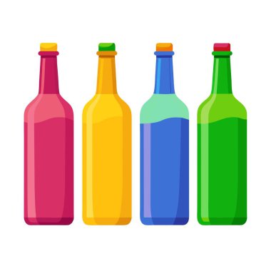 Beyaz arka planda sıralanmış dört farklı renkli alkol şişesi var. Şişeler turuncu, mor ve iki farklı renkte. Plastikten yapılmış ve silindirik bir şekilleri var.