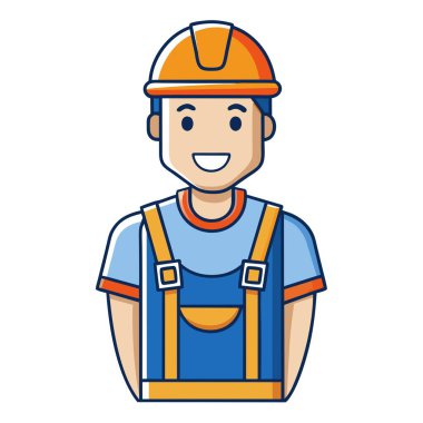 Bir çizgi film çizimi, işçi tulumu ve kasketli, gülümseyen bir inşaat işçisini tasvir ediyor. Anahtar sözcükler arasında giysi, Kol, Kask, Şapka, Şapka, Çizgi film, Kolluk, Jest, Başlık, Şapka ve Gülümseme yer alıyor.