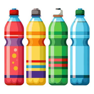 Masada çeşitli içecekler içeren dört plastik şişe koleksiyonu.