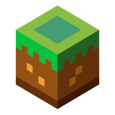 Minecraft bloğunu andıran dikdörtgen bir oyuncak bloğu, üzerinde bir haç bulunan, mavi bir arka plan üzerine kurulmuş, yaratıcı sanatlar ve eğitici oyuncaklar içeren bir oyuncak konsepti.