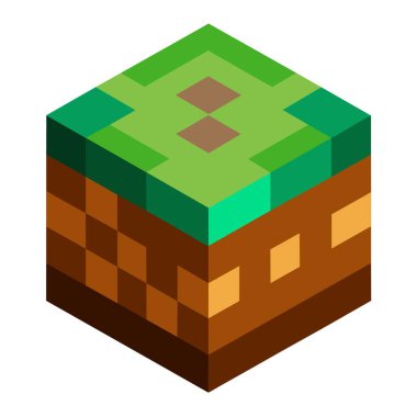 Minecraft bloğunu andıran dikdörtgen bir oyuncak bloğu, üzerinde bir haç bulunan, mavi bir arka plan üzerine kurulmuş, yaratıcı sanatlar ve eğitici oyuncaklar içeren bir oyuncak konsepti.