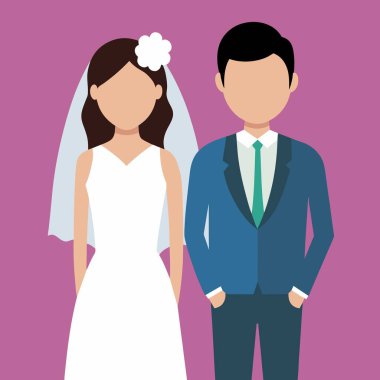 Sahnede mor arka planda yan yana duran bir gelin ve damat yer alıyor.