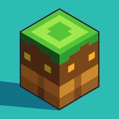 Minecraft bloğunu andıran dikdörtgen bir oyuncak bloğu, üzerinde bir haç bulunan, mavi bir arka plan üzerine kurulmuş, yaratıcı sanatlar ve eğitici oyuncaklar içeren bir oyuncak konsepti.