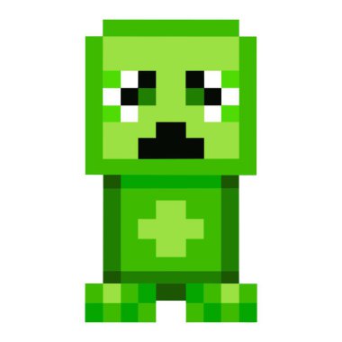 Görüntü, göğsünde çapraz amblem olan dikdörtgen yeşil bir Minecraft sürüngen karakterini gösteriyor.